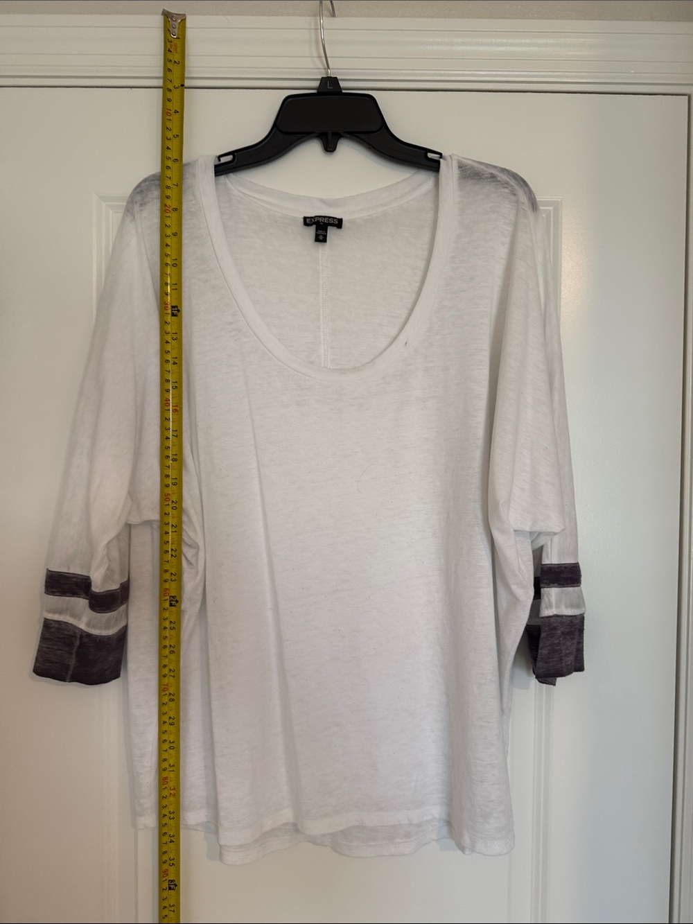 Express White Scoop Neck Long Sleeve Top with Gray Sleeve Stripes